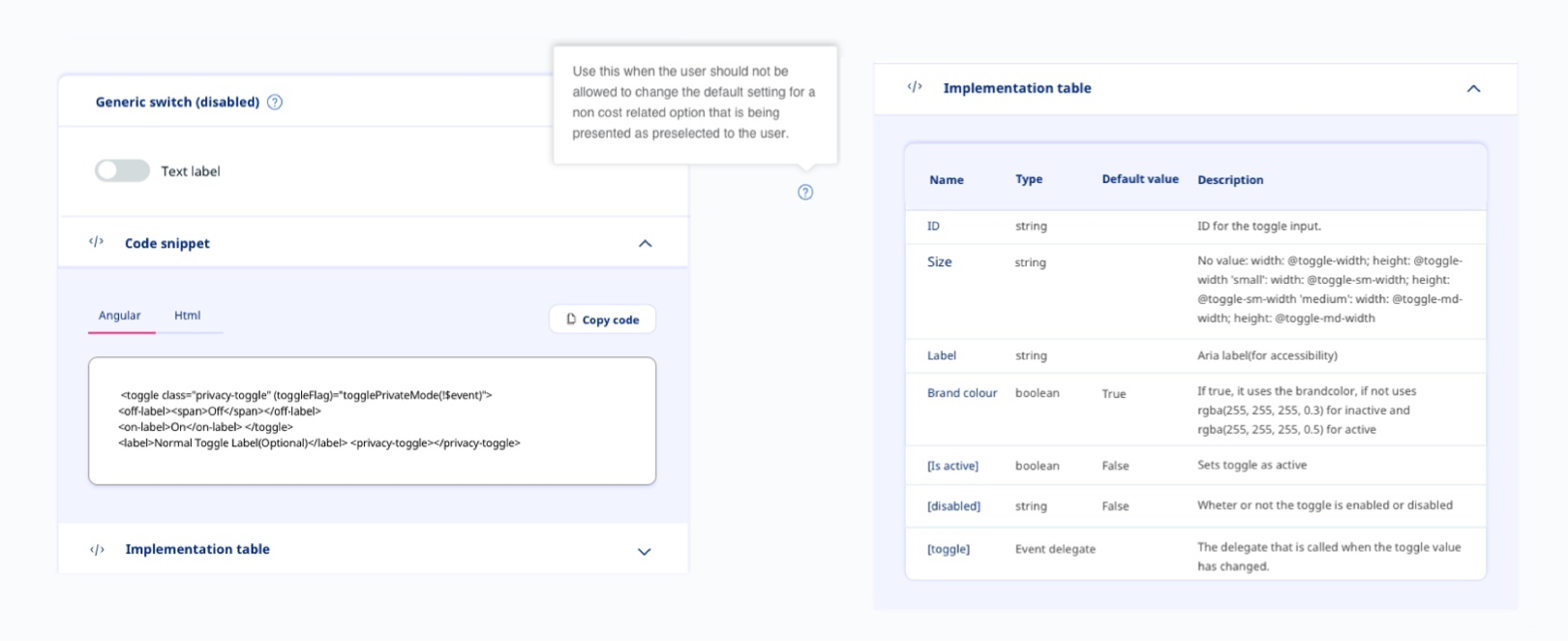 Comparison view: code snippet alongside implementation table