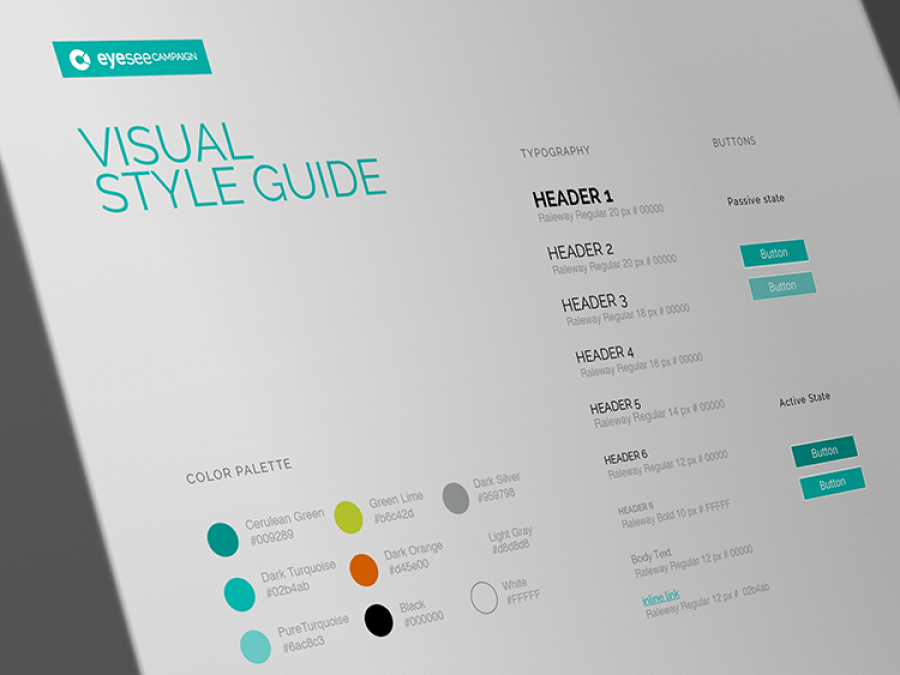 Eyesee Campaign visual style guide: typography, colour palette and buttons
