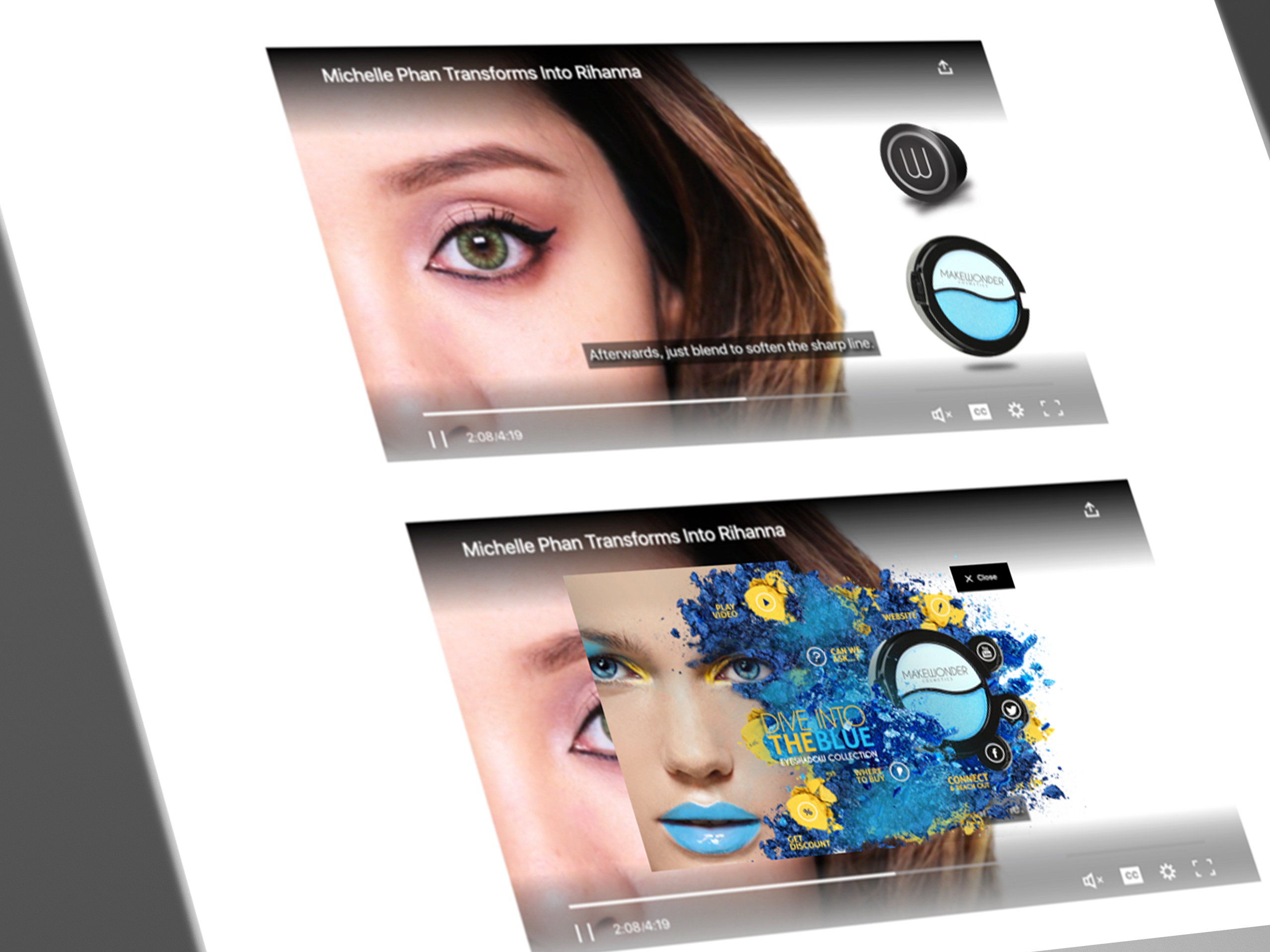 Eyesee Frame demo: eyeshadow product callout unfolding into a themed menu