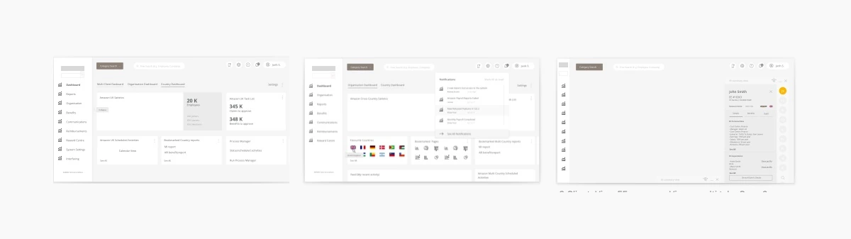 Early dashboard wireframes using a multi-card layout