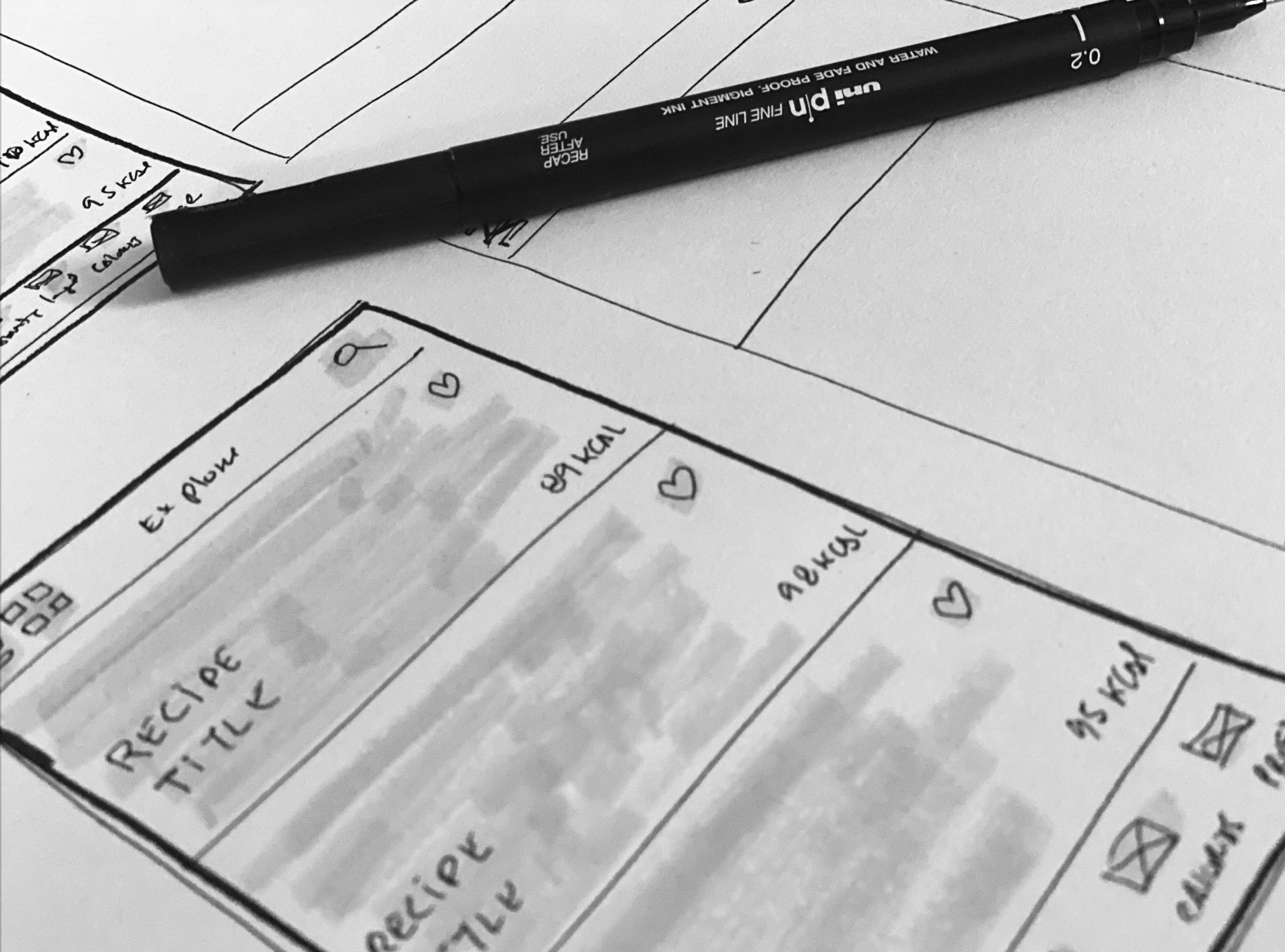 Hand-sketched low-fidelity wireframes for 99kcal