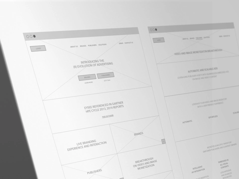 High-fidelity wireframes of the EyeSee homepage and solutions page