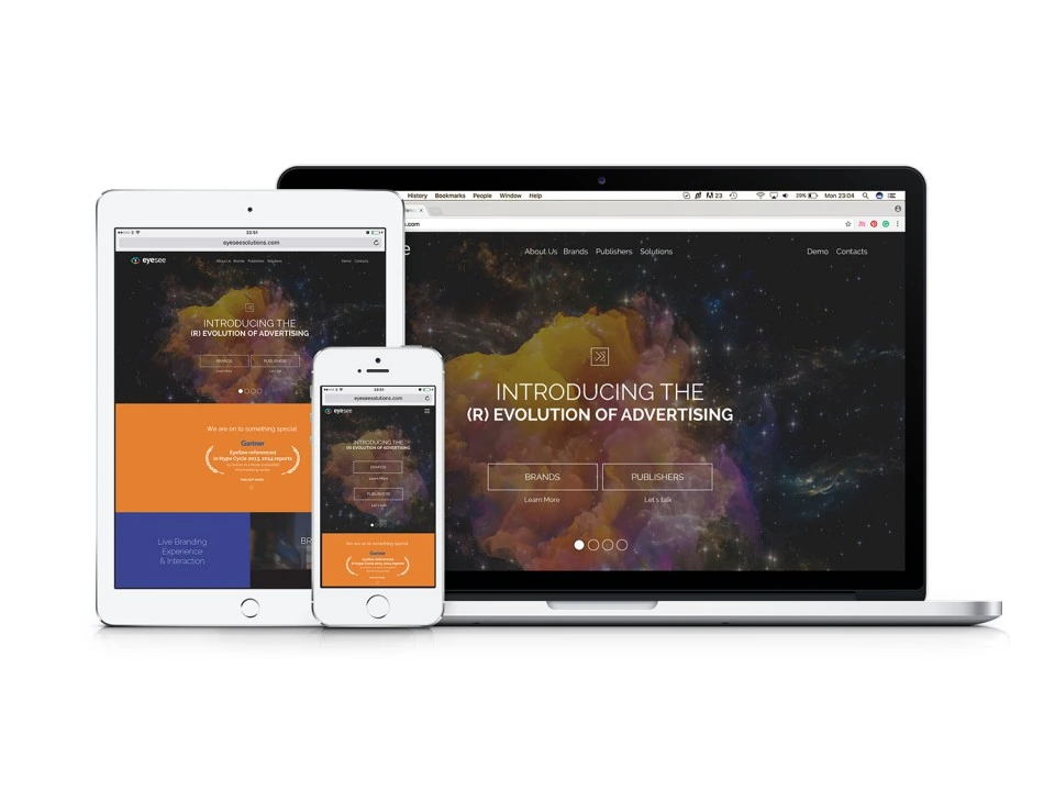 EyeSee responsive homepage mockup across laptop, tablet and phone