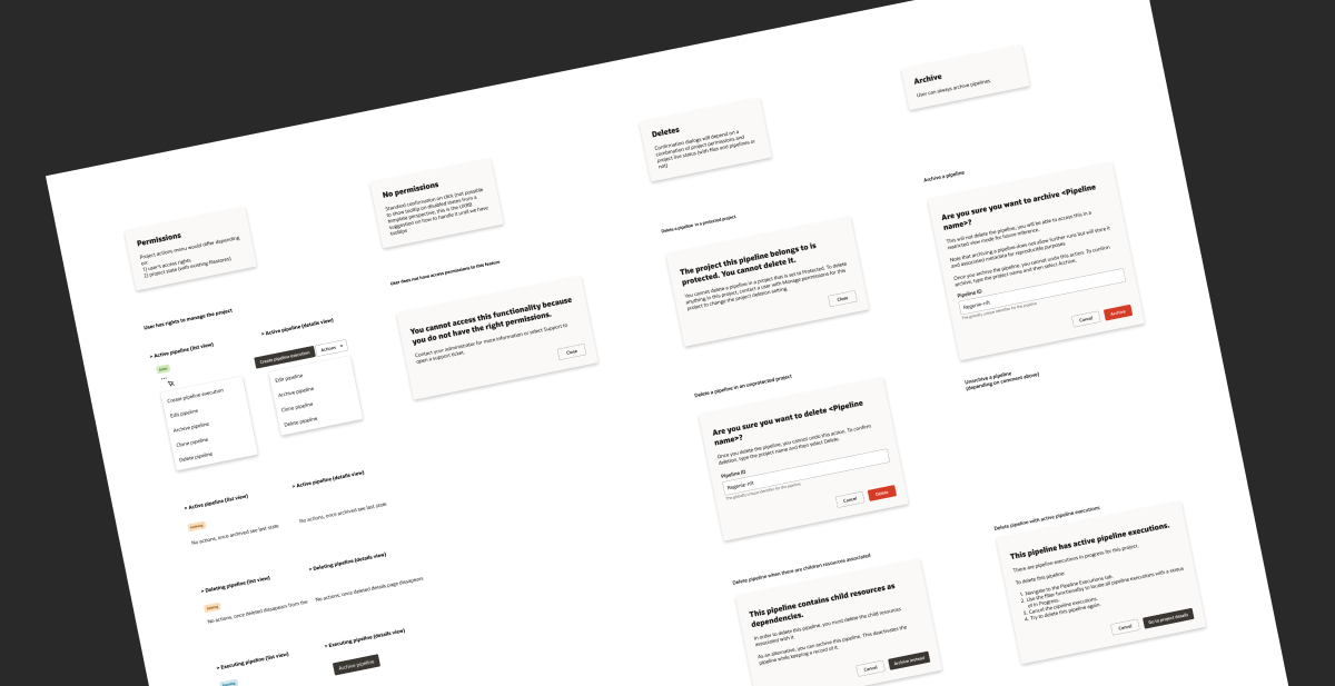 Component documentation mapping menu actions and contextual messages per scenario
