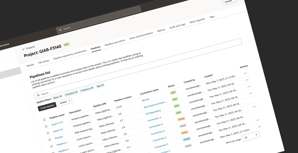 Project section, pipelines tab