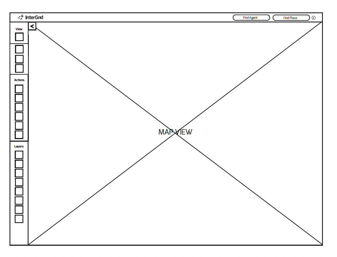 Low-fidelity wireframe of the InterGrid map view and navigation