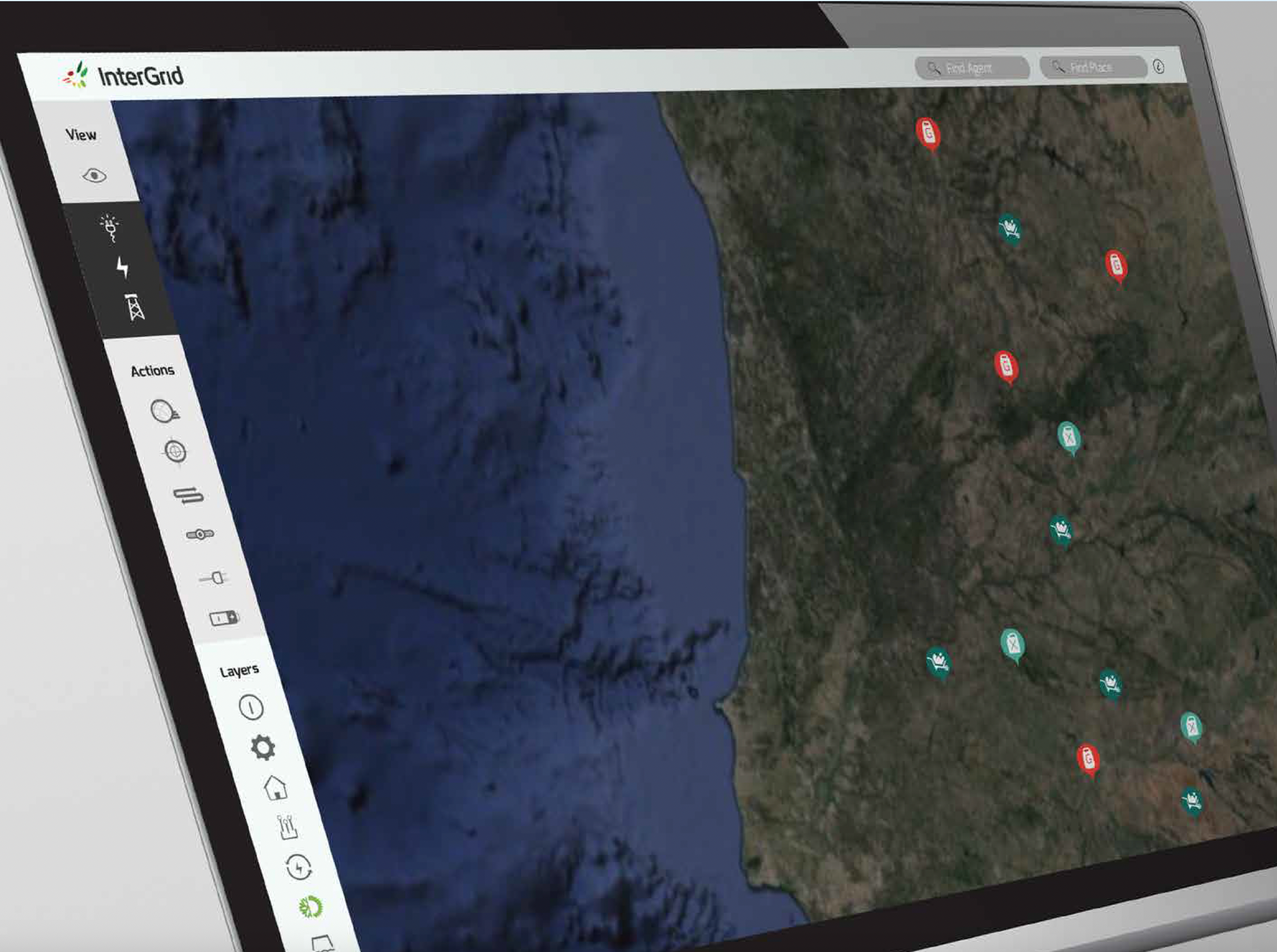 InterGrid map view with device agents plotted