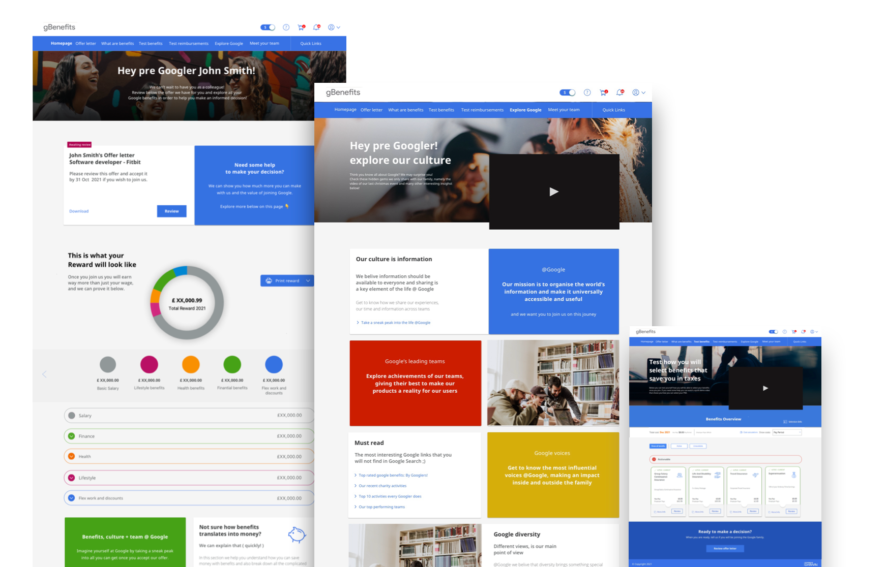 Pre-hire portal screens: offer letter, reward breakdown and culture pages