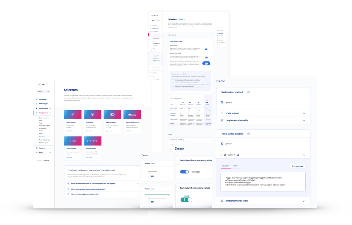Design system family site and the selectors component page